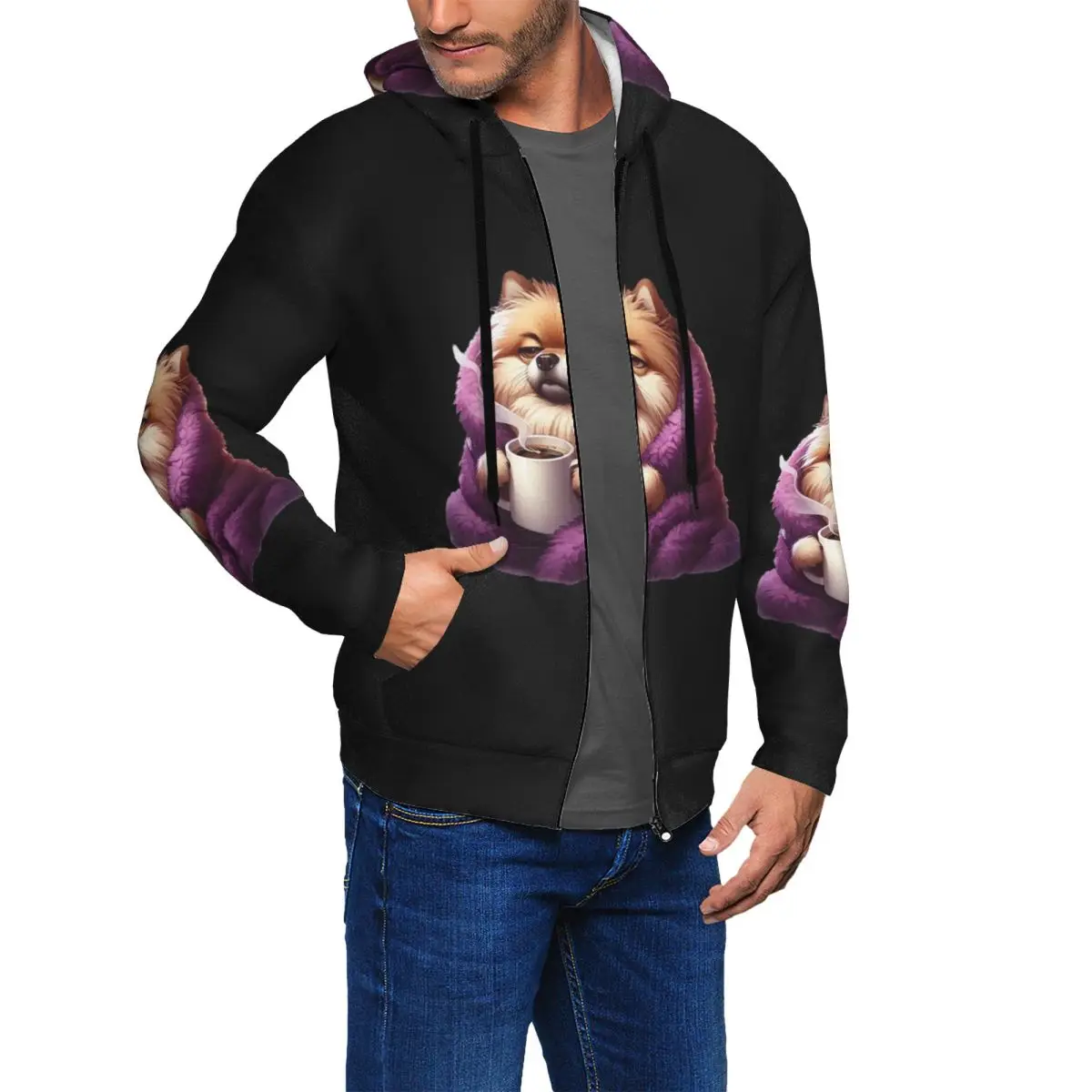 Pomeranian Dog Zipper Hoodie Hip Hop Pullover Autumn Winter Men's Women's Sweatshirt Long Sleeve Tops