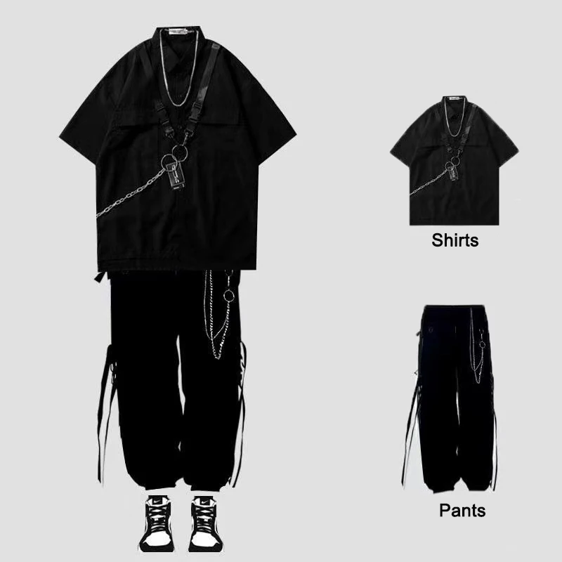 ARENS Techwear Goth Gothic Clothing Men\'s Shirt Short Sleeve Male Shirt Punk Rave Men\'s Long Pants Set Streetwear Hip Hop Hippie