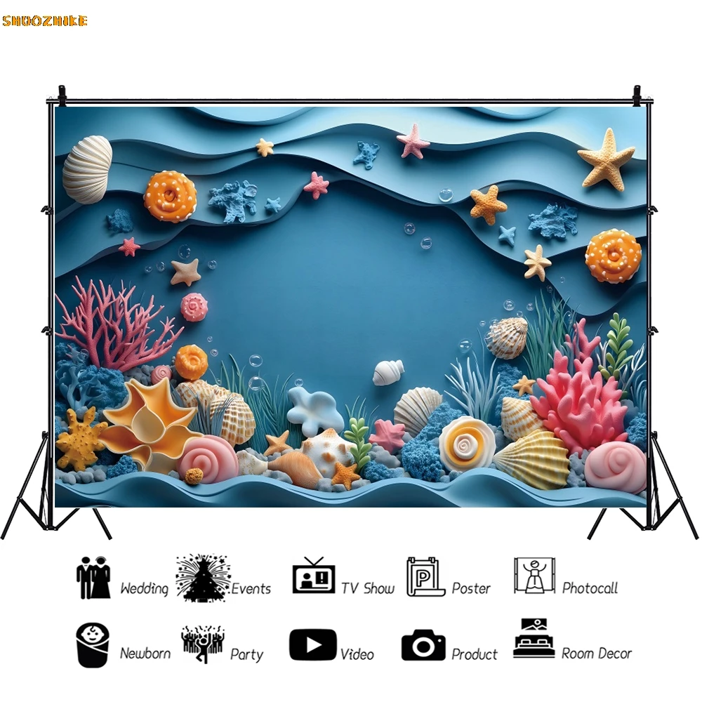 Ocean Theme Backdrops Underwater World Shell Coral Kids Birthday Party Cake Smash Decorations Portrait Photography Background