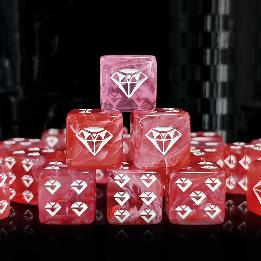 12Pcs 16MM Red Pink D6 Dice, Acrylic Dice With White Diamond Symbol, Polyhedral DND RPG Dice for Tabletop Board Game Party Dice