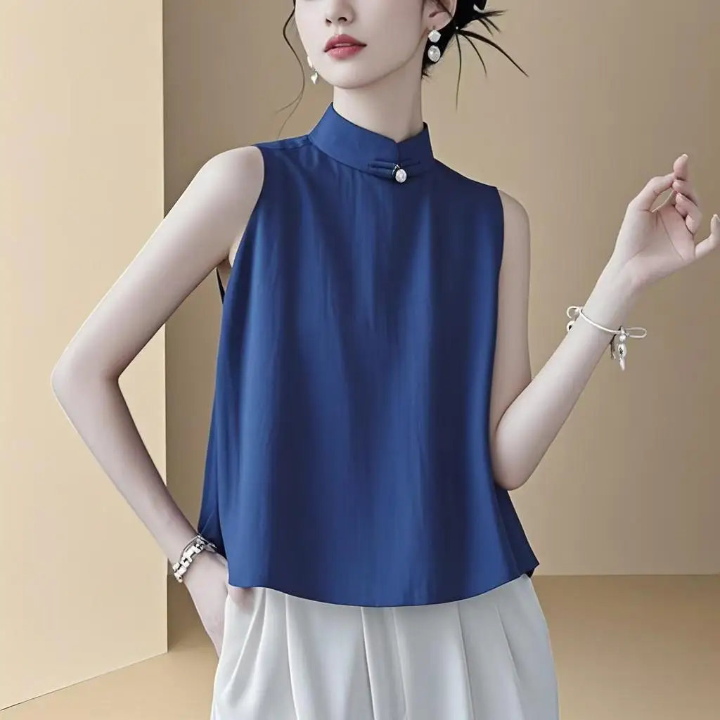 

New Chinese Sle Svel Top Women's irt Loose Outerwear Summer Loose Vest irt Button Design Stand Collar Pure Color