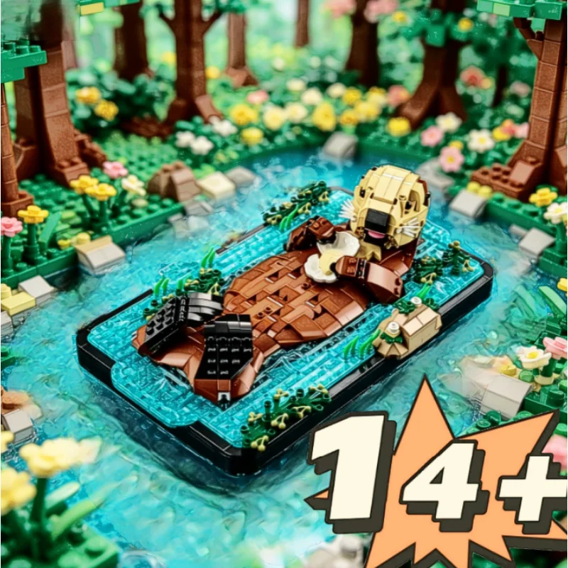 1234pcs Floating Sea Otters Building Blocks Model Creative Holding Hands Marine Animal Diy Assembly Home Decor Ornament Birthday