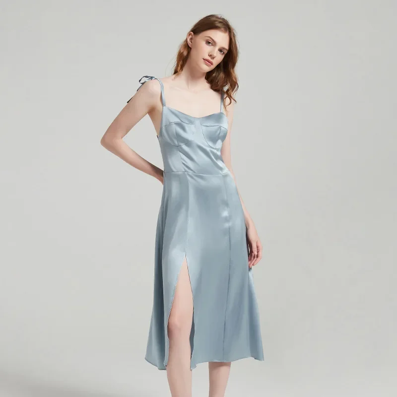 Women's 100% Mulberry Silk Long Slip Dress Vintage Elegant Camisole Nightgown with High Slit Slim Fit Chemise Nightdress Pajama