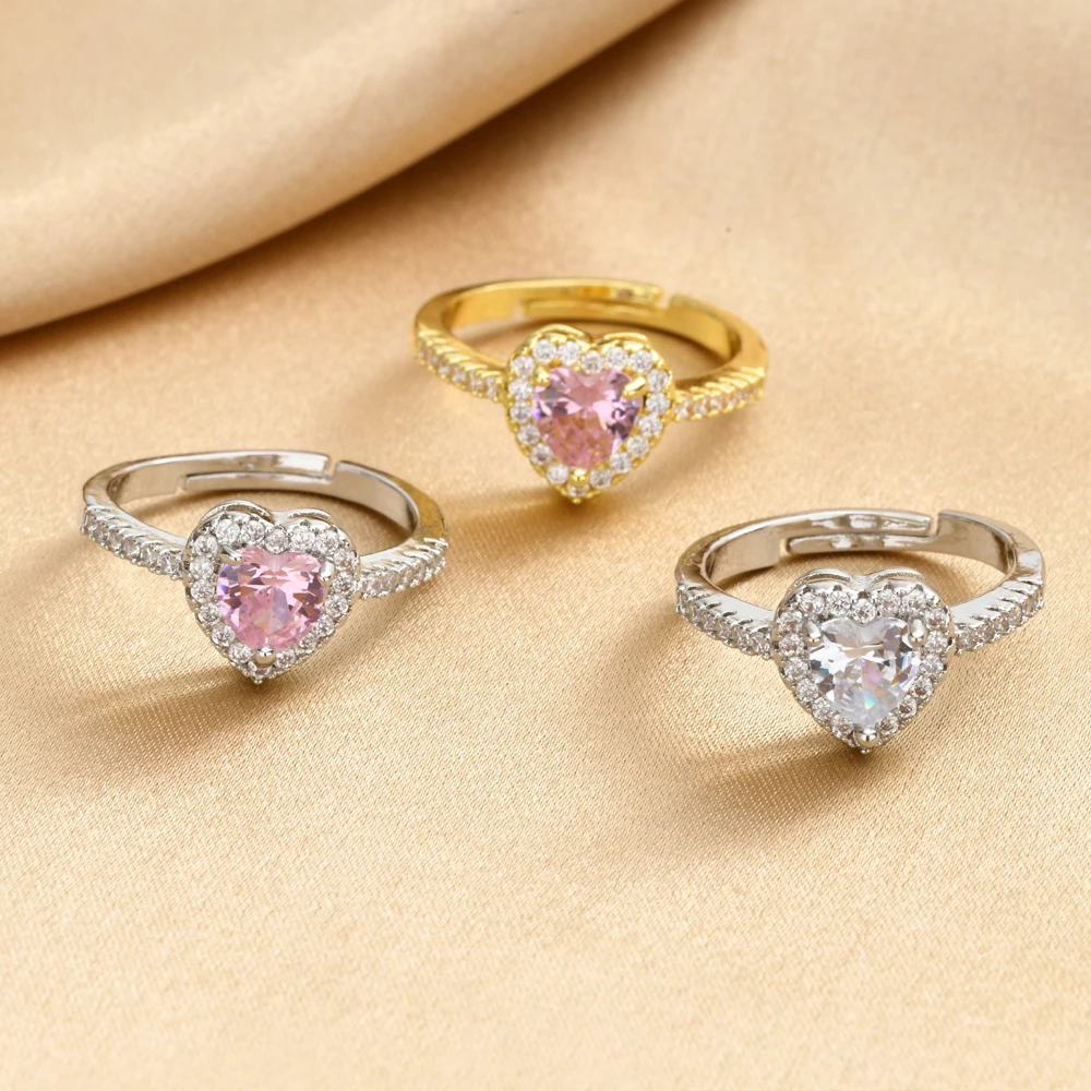 Heart Ring Adjustable for Women Zircon Love Shaped Open Ring Silver Color Romantic Promise Jewelry Gift