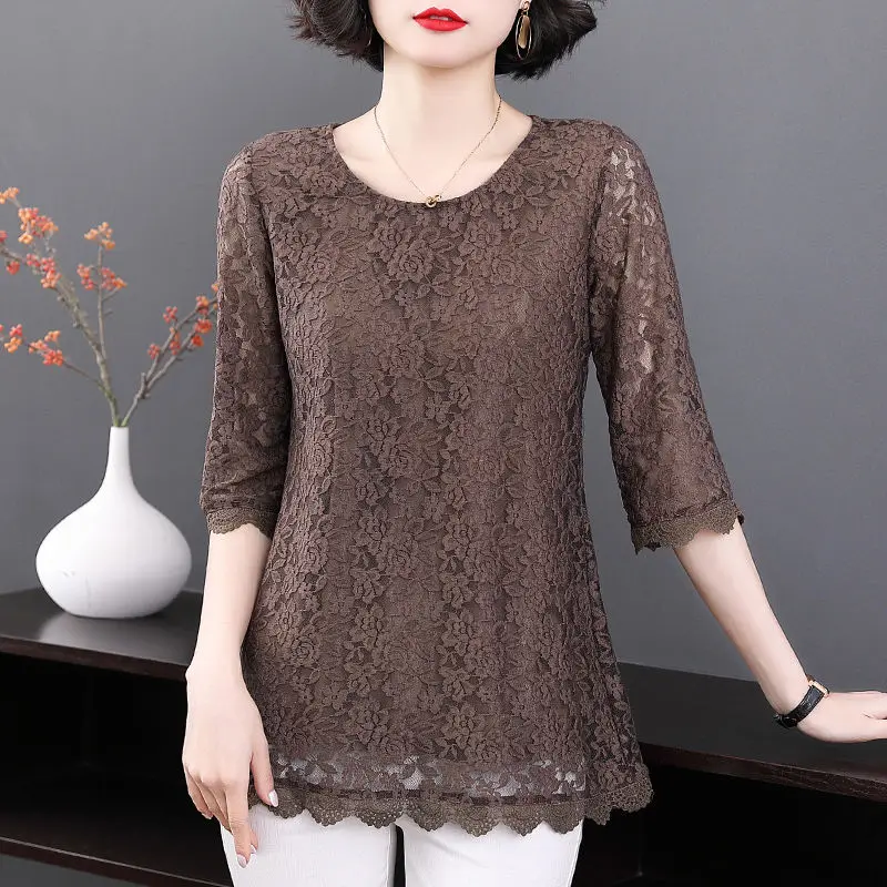 Mother lace t shirt seven-point sleeve jacket 2023 new long big size cover belly  small shirts in summer o neck t shirt tops