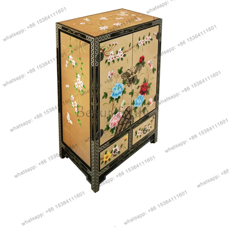 

New Chinese gold leaf shoe cabinet living room storage decoration entrance solid wood painted furniture storage cabinet