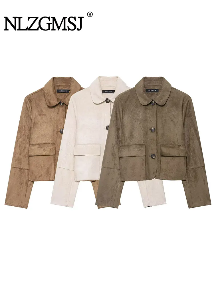 

NLZGMSJ Women's Jacket Chic Suede Casual New Autumn Long Sleeve Lapel Retro Solid Color Jacket Casual Fashion Versatile Coat