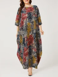 Plus Size Women's Dresses Vintage Floral Printed Autumn Dress 2024 ZANZEA Bohemian 3/4 Sleeve Loose Holiday Cotton Long Vestidos