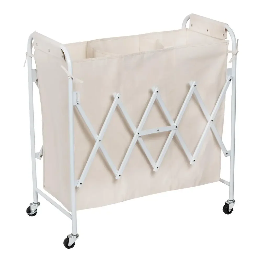 Triple Compartment Collapsible Laundry Sorter Organizer Steel Frame White/Natural Rolling Basket