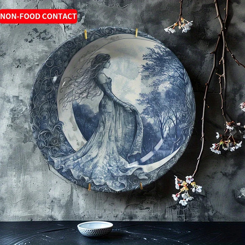 1pc Elegant Ceramic Decorative Plate - Moon Goddess Wall Art Hanging Dish with Women Profile, Non-Food Contact Safe Home Decor