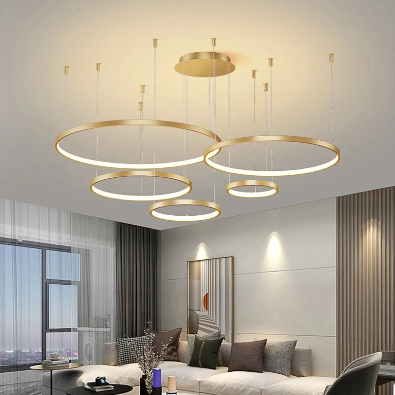 4 Rings Simple Style Modern Pendant Light Minimalist Chandelier Living Room Restaurant Dimmable Remote Lamp Home Decoration