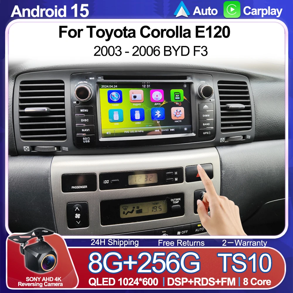 Rádio Automotivo Android 16 de 7'' para Toyota Corolla E120 2003 - 2006 BYD F3, Reprodutor Multimídia Carplay 2Din com Autoáudio, Bluetooth, Wi-Fi e Navegação