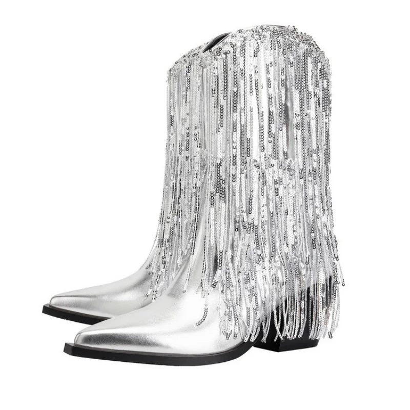 Trend Silver Style Women's Ankle Boots Pointed Toe Crude Heel Slip-on Female Short Boots Fringe Sequins Personality Ladies Shoes