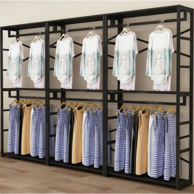 Clothing store display rack floor type double layer clothes rack men's and women's clothing store shelf display cabinet iron