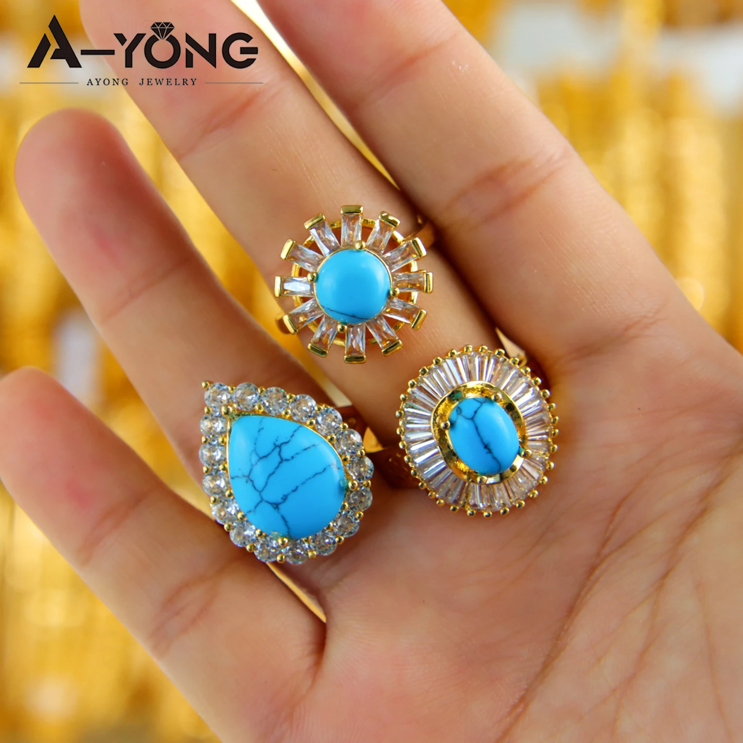 Luxury Turquoise Gold Color Rings 21k Gold Plated Vintage Arab Elegant Cocktail Ring Italian Dubai Women Party Jewelry Gift