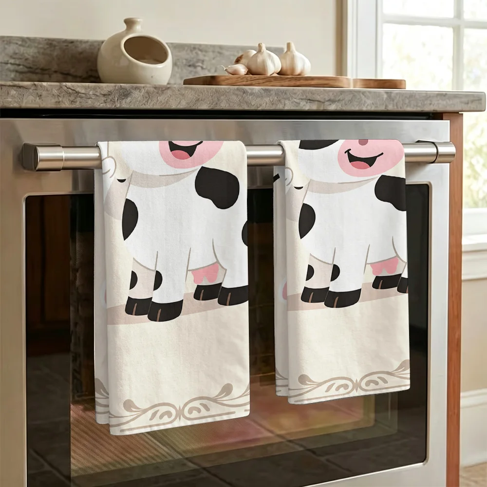 1pc/2pcs Cartoon Cow Print Kitchen Towel-Super absorbent, reusable polyester dishcloths perfect for home decor, cooking, baking