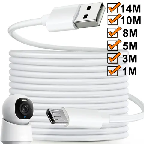 Kabel Micro USB do ładowania, przedłużacz zasilania o bardzo dużej długości 1m/5m/8m/10m/14m do Xiaomi/Mijia/kamer IP Web, przedłużacz do Androida