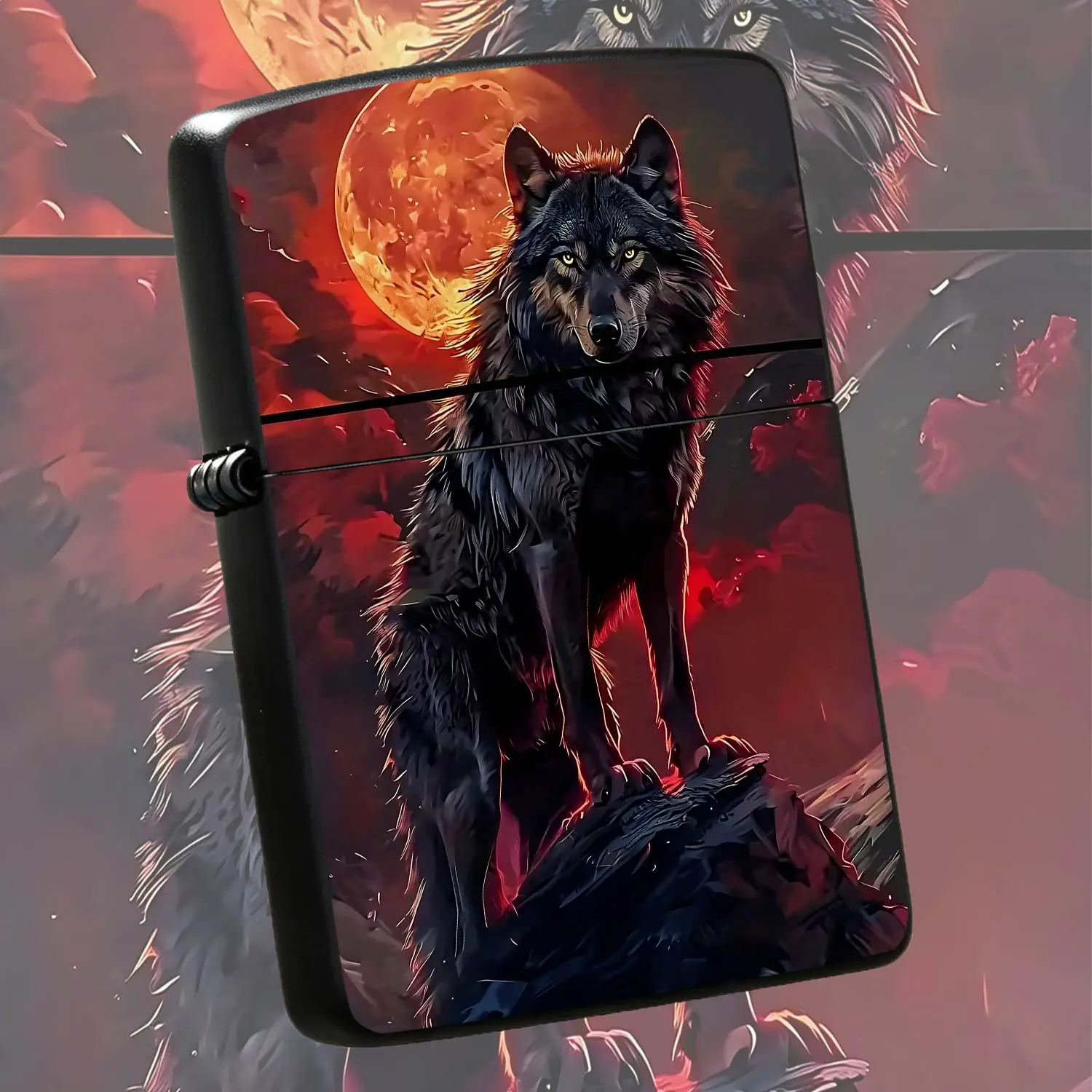 Black Blood Moon Lone Wolf Pattern Classic Portable Lighter, Stylish Atmospheric Decor, Multi-scenario Applicable for Outdoor Camping Daily Household Gifting, Durable Exquisite Practical Creative Accessory for All Kinds  A Humorous And Inte