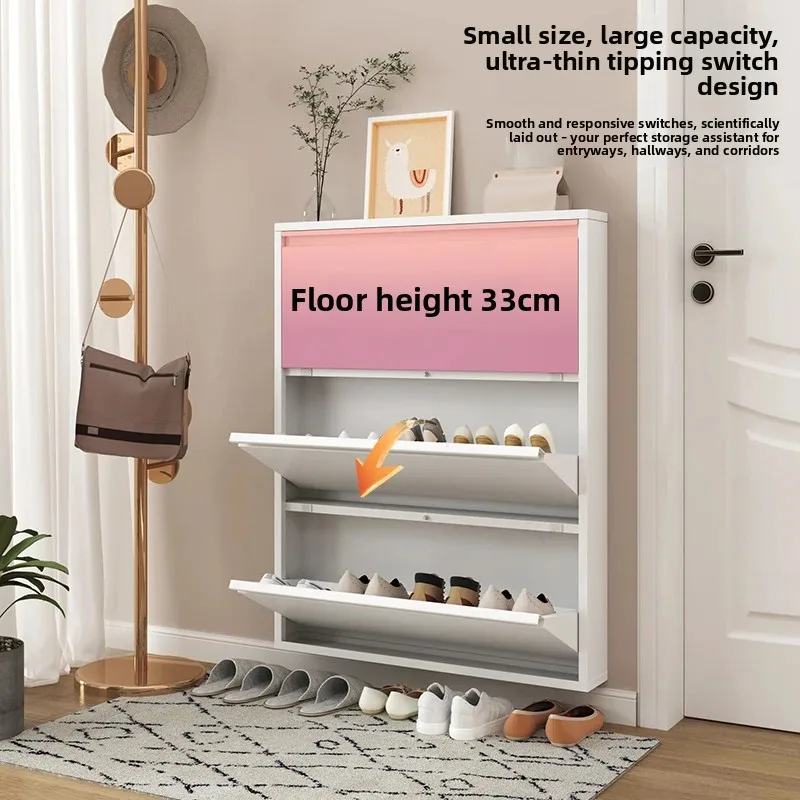 Ultra-Thin Metal Tilt-Out Shoe Rack Narrow Multi-Layer Entryway Storage Cabinet  Home Metal  Shoe Organizer with Flip Cover