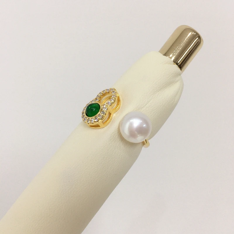 ZHBORUINI Superior Quality Natural Freshwater Pearl Ring 14K Gold Plated Electroplated High-End Green Agate Gourd Ring Female