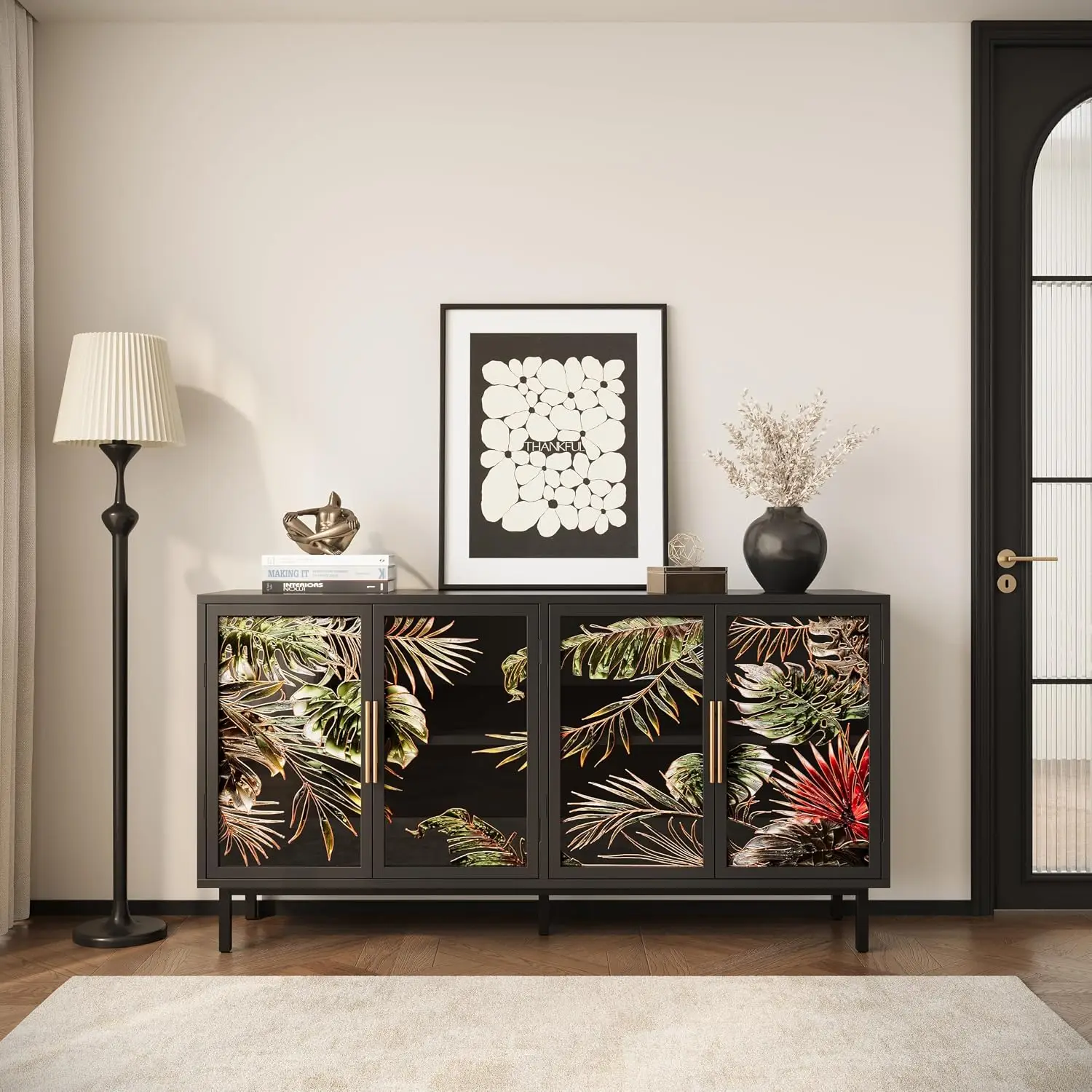 Retro Sideboard with 4 Glass Doors, Art Storage Console, Tropical Glass Credenza for Living Room Dining Room, Black, Customized