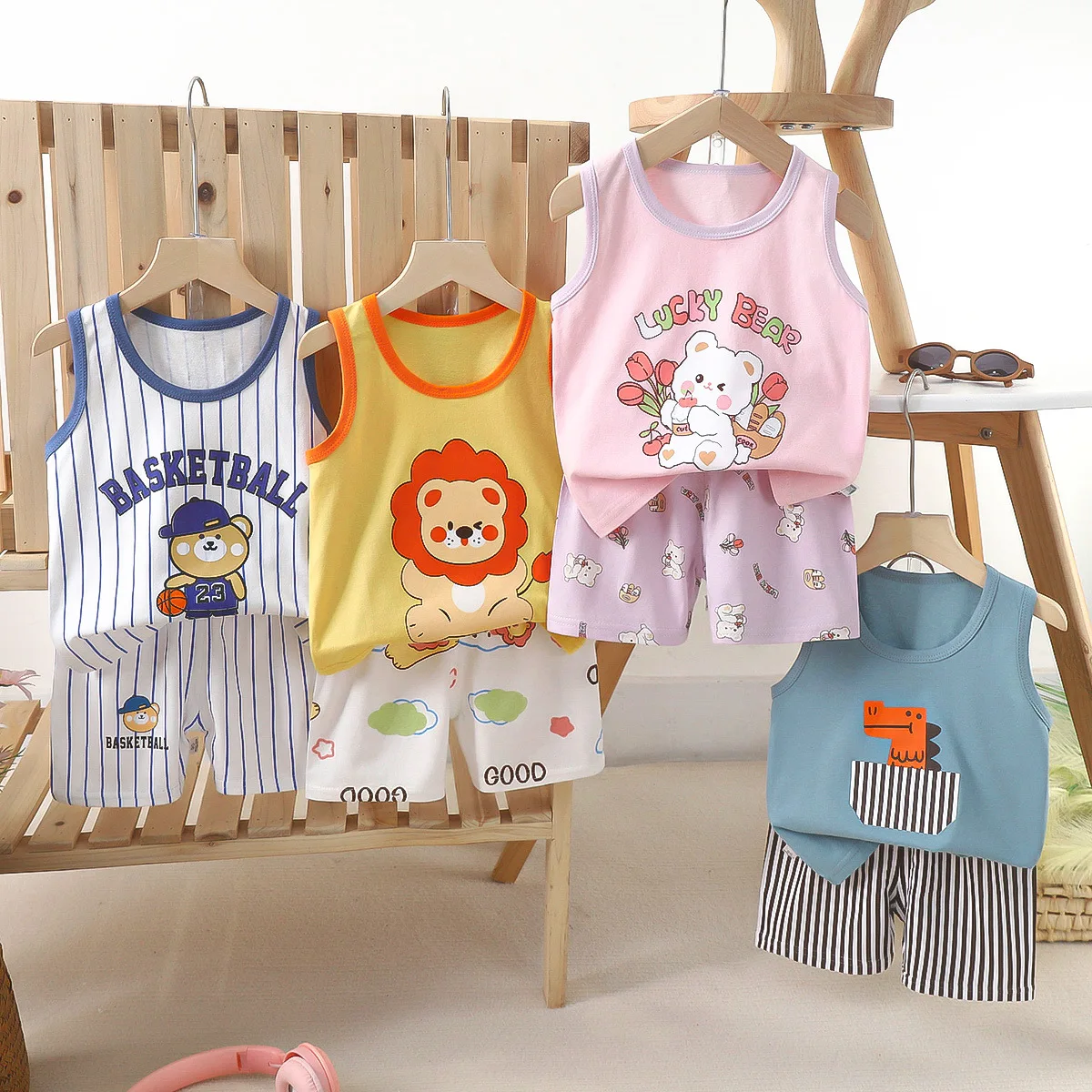 Children's Vest Sets Made of Pure Cotton New Korean-style Children's Summer Wear for Girls Boys' Two-piece Sets in Summer 2024