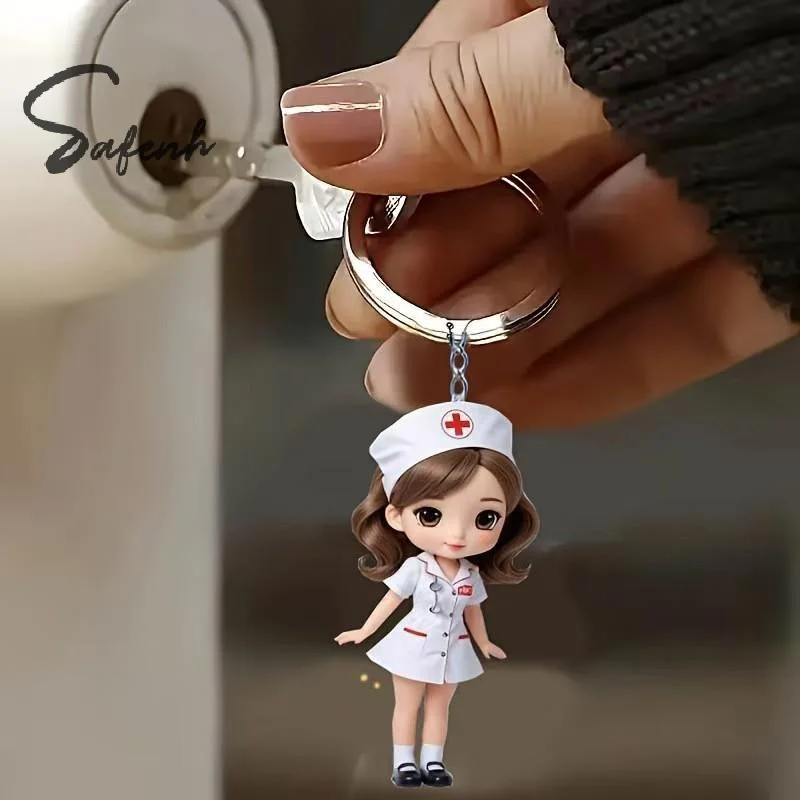 1Pcs Cute Figurine Key Chain 2D Flat Acrylic Cartoon Doctor Nurse Keychain Backpack Hanging Pendant For  Staff Couple