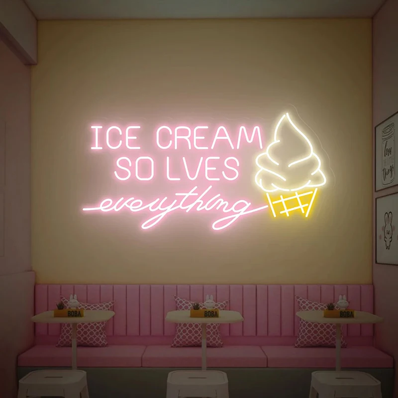 Ice Cream Solves Everything Neon Sign Custom Food Shop Decoration Neon Lights for Bar Wall  Hanging Led Light Decor