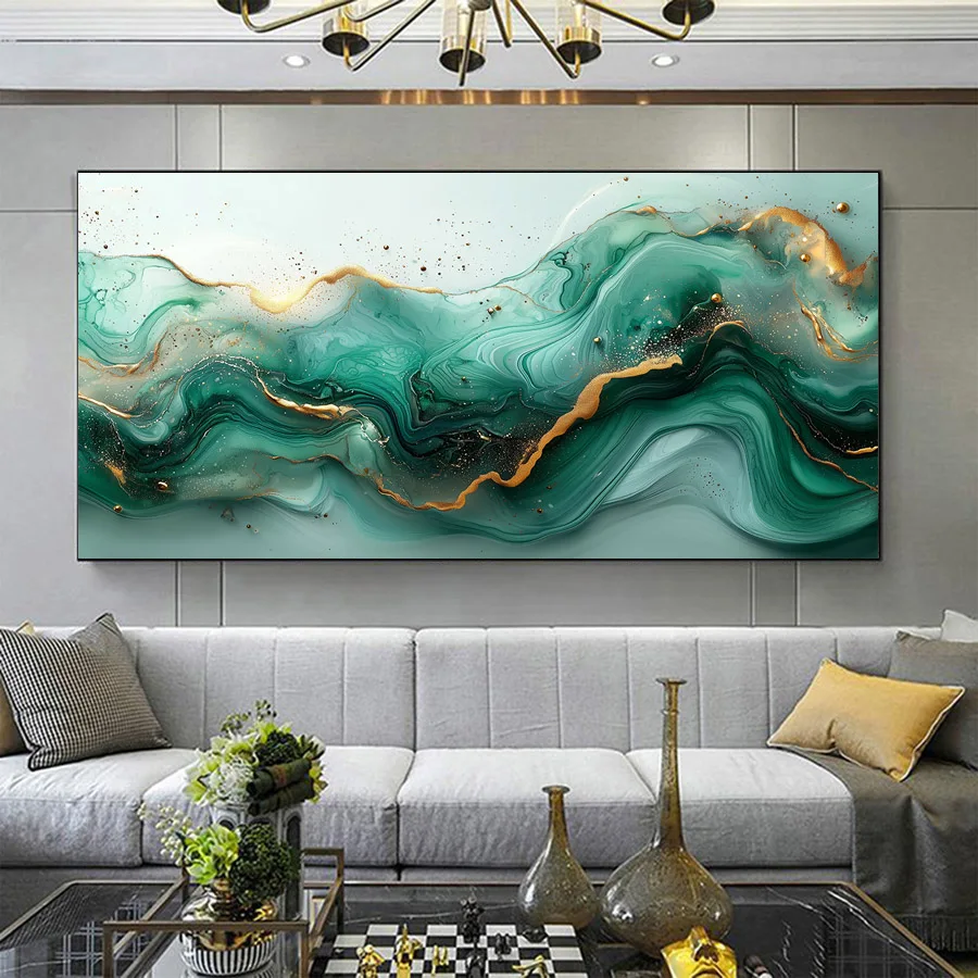 Abstract Painting Green Colored Liquid With A Gold Line On It, Canvas Print Posters, Wall arts Decor, Modern Home Decor, Room De