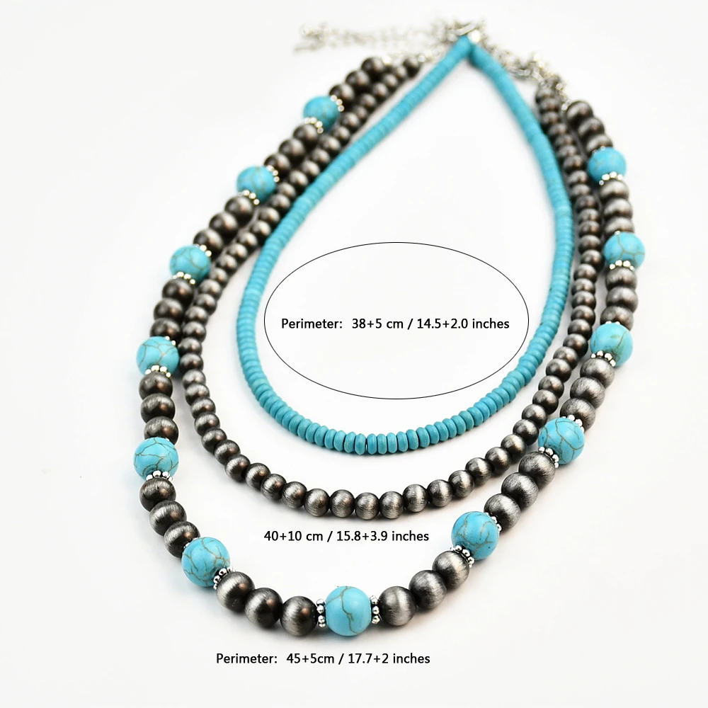 Yumfeel 3pcs Western Style Navajo Pearl Vintage Turquoise Beaded Necklaces Women Bohemian Vacation Handmade Choker