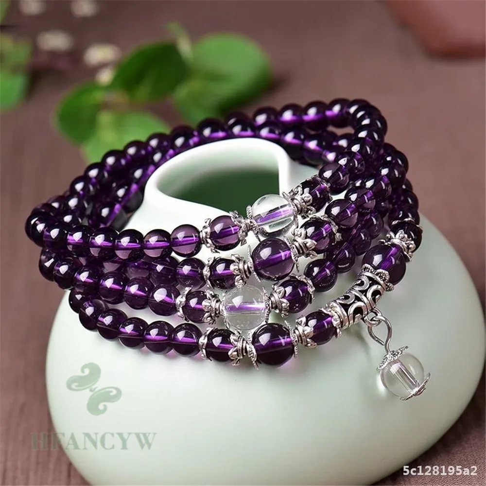 

6mm Natural Amethyst 108 Bead Bracelet KarmaMeditation Bangle Artisan Mala Women Jewelry Chain Prayer