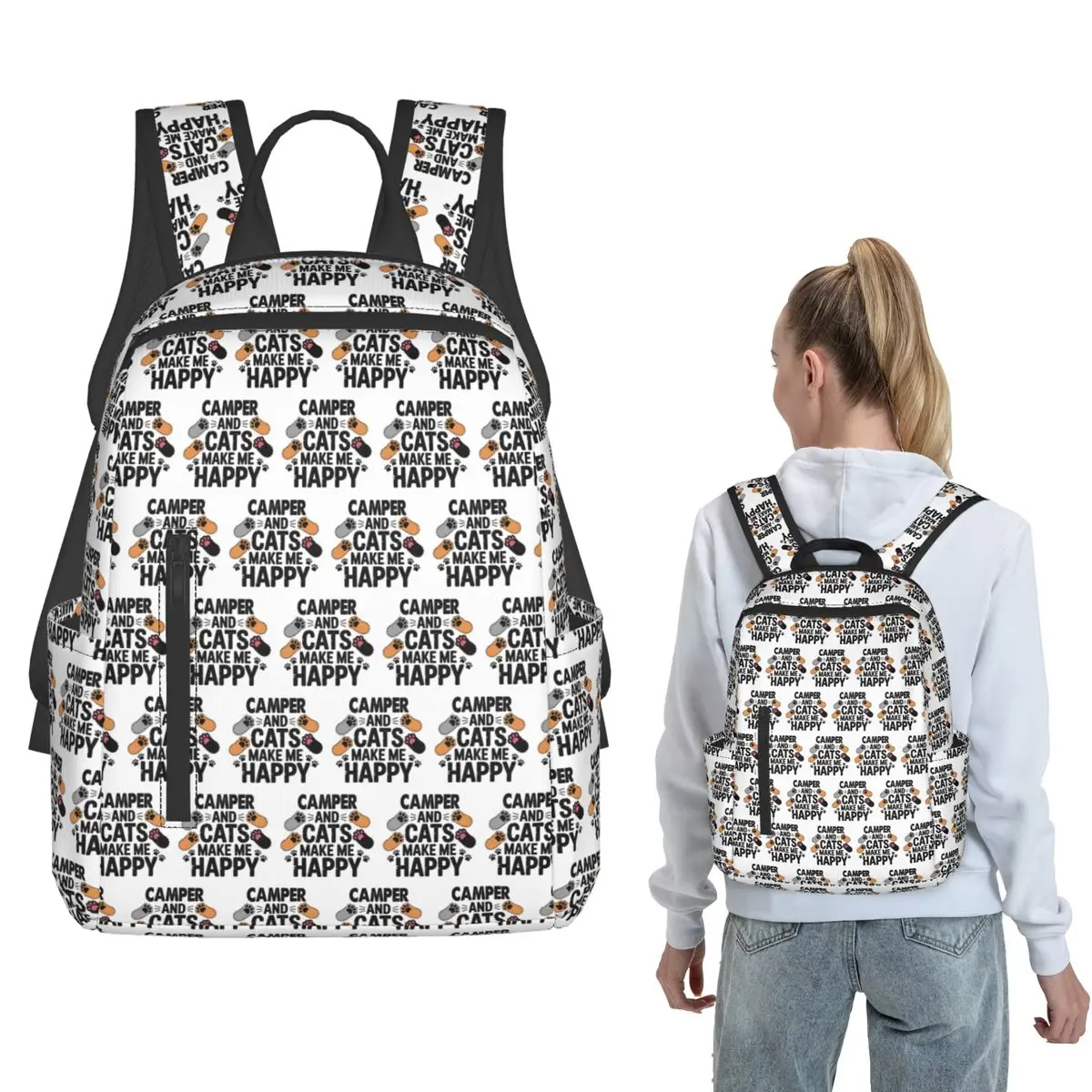 

Camper And Cats Make Me Happy Backpack Large Capacity Boys Girls BookBag School Bag Shoulder Bags for Men Women