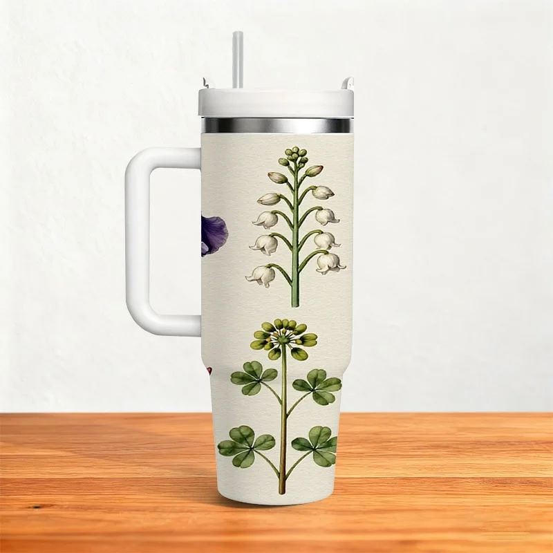 Vintage Hand-Drawn Botanical Print 40Oz Stainless Steel Insulated Tumbler, Floral Digital Design with Iris, Lily of The Valley, Chrysanthemum & Clover Details, Reusable Thermal Cup for Daily Drinks, Office & Outdoor Use