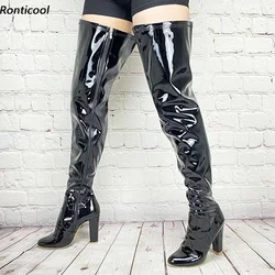 Ronticool Customize Only Women Spring Thigh Boots Glossy Zipper Chunky Heels Round Toe Black Night Club Game Shoes Us Size 5-20