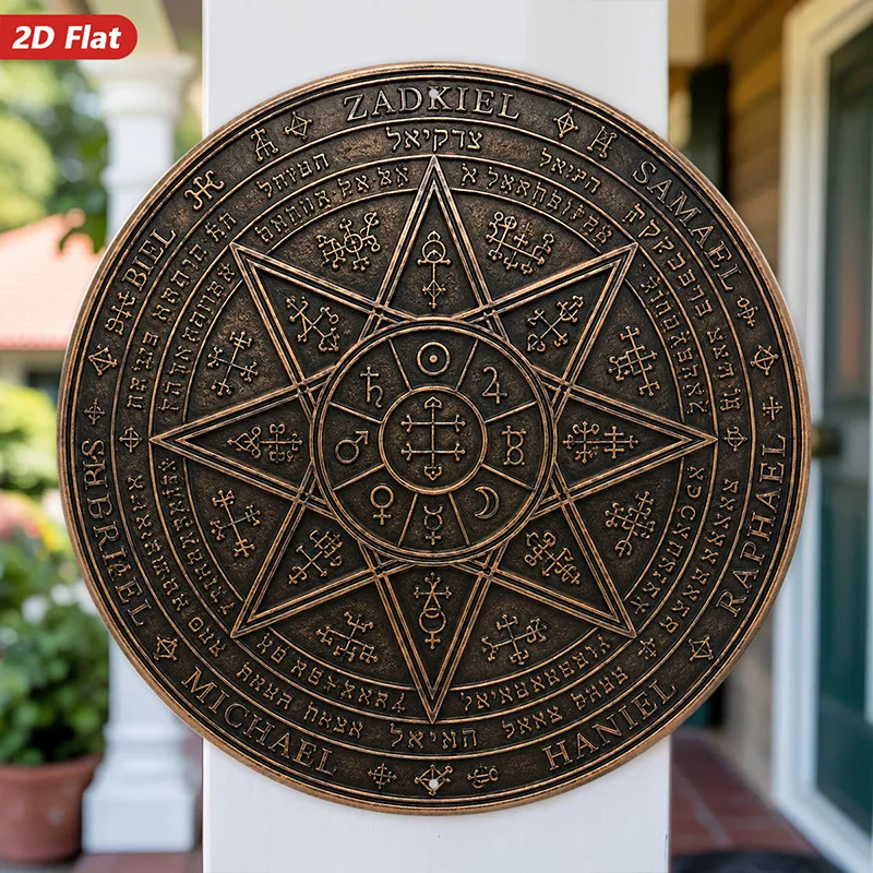 CIFBUY 2D Flat Round Metal Plaque Wall Art Sacred Seven Pointed Star Hebrew Calligraphy Waterproof Durable Home Decor for Living