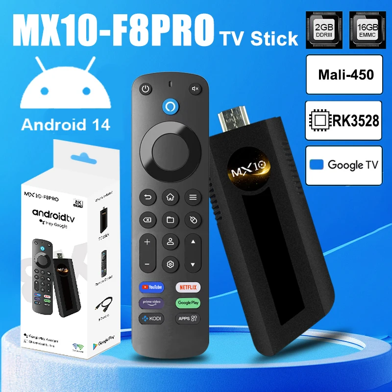 MX10 F8PRO عصا التلفاز الذكية Android14 ATV RK3528 1080P HD TV box 2.4/5G WiFi TV استقبال لمشغل الوسائط Google YouTube Netflix