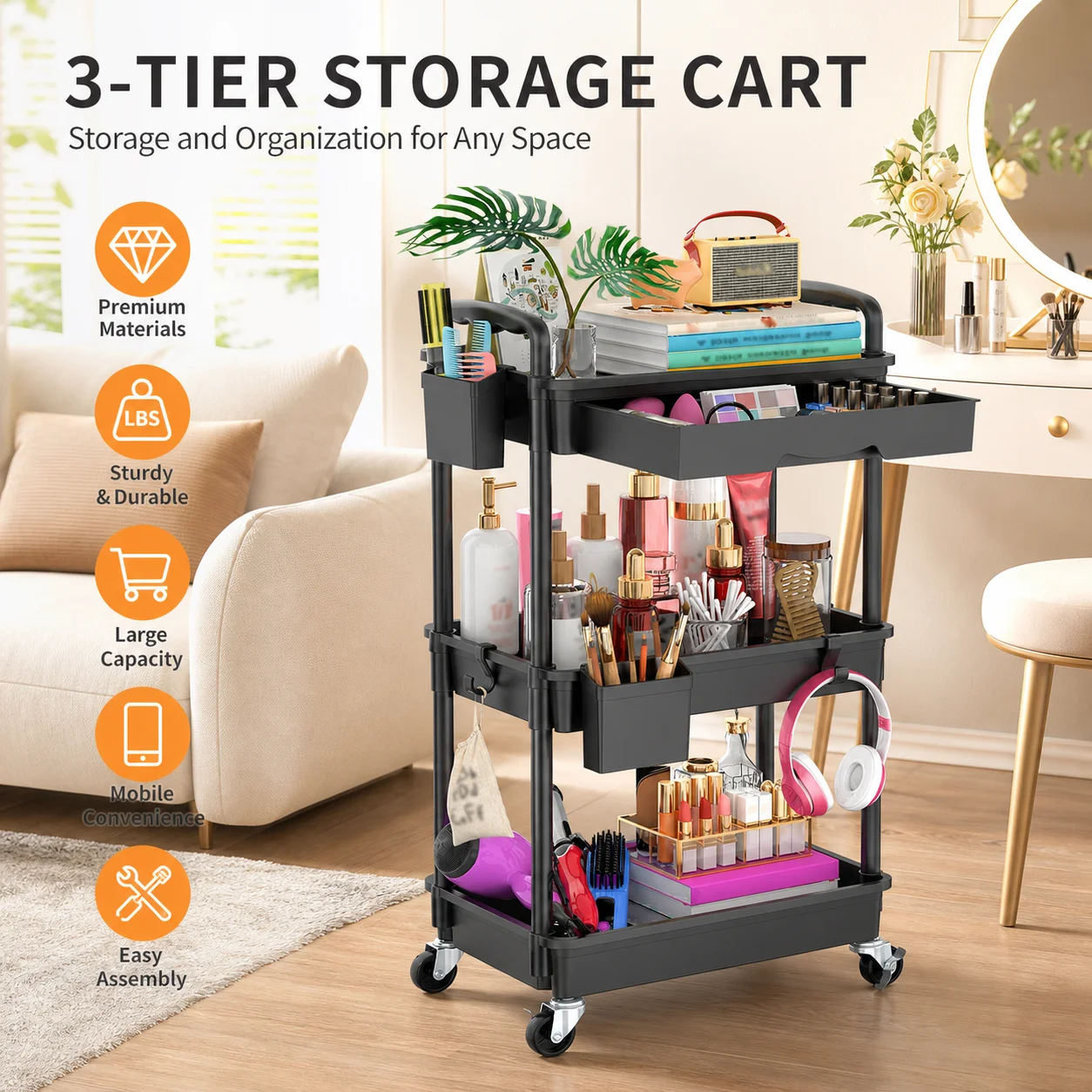 Multi Functional Metal Frame 3/4 Layer Rolling Storage Cart With Drawers - Durable Storage Rack With Locking Wheels, Cup Holders, And Hooks - Space Saving Kitchen, Bathroom, And Living Room Solution - Suitable For Kitchen Accessories, Storage Items, And W