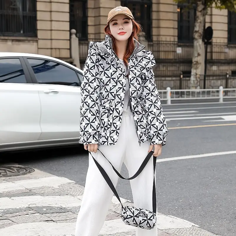 Women's Cotton-padded Coat New Loose Winter Warm Fashion Printed Coat Thickened Hooded Cotton-padded Coat for Small Size