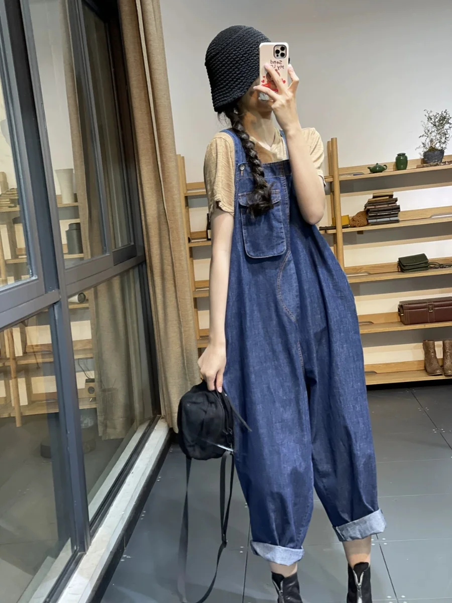 حجم كبير ملابس العمل غير رسمية وزرة الدنيم المرأة الصيف الخريف فضفاضة كبيرة كيت المرقعة بذلة التخسيس بنطال ذو قصة أرجل واسعة