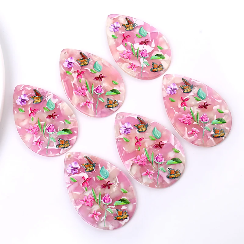 6pcs 34x53mm Flowers Butterfly Print Big Charms Pendant for Earring Key Chains Acrylic Waterdrop DIY Jewelry Making Findings