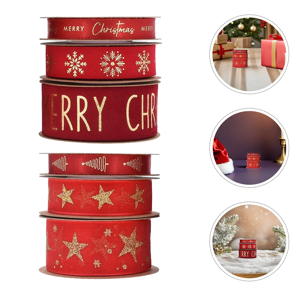 

6 Rolls Red Christmas Organza Ribbon Gold Foil Glitter Wide Sheer Satin Ribbon for Present Wrapping Fruit Box Holiday Party DIY