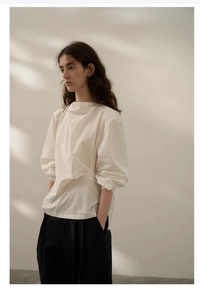 

Женская винтажная блузка с длинным рукавом, белая, с плиссировкой на талии, воротником-стойкой, новый весенний дизайн, повседневная, удобная, свободного кроя