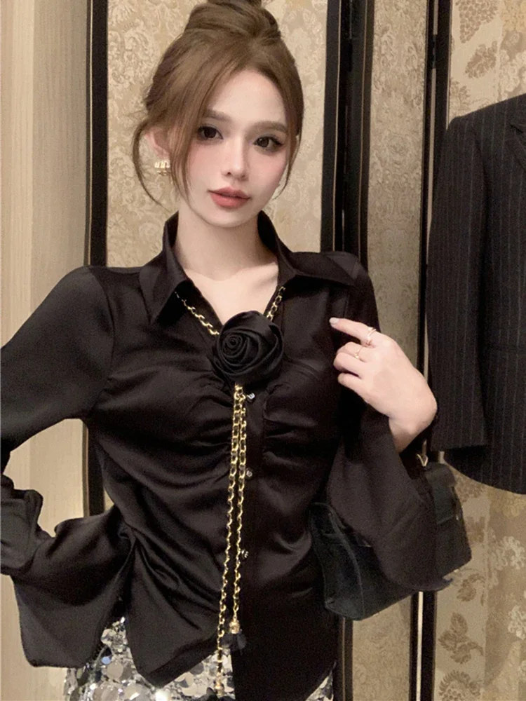 3d Floral Weißes Hemd Frauen Süße Langarm Elegante Dünne Bluse Mode Lässig Koreanische Weiblichen Frühling Plissee Tops Neue