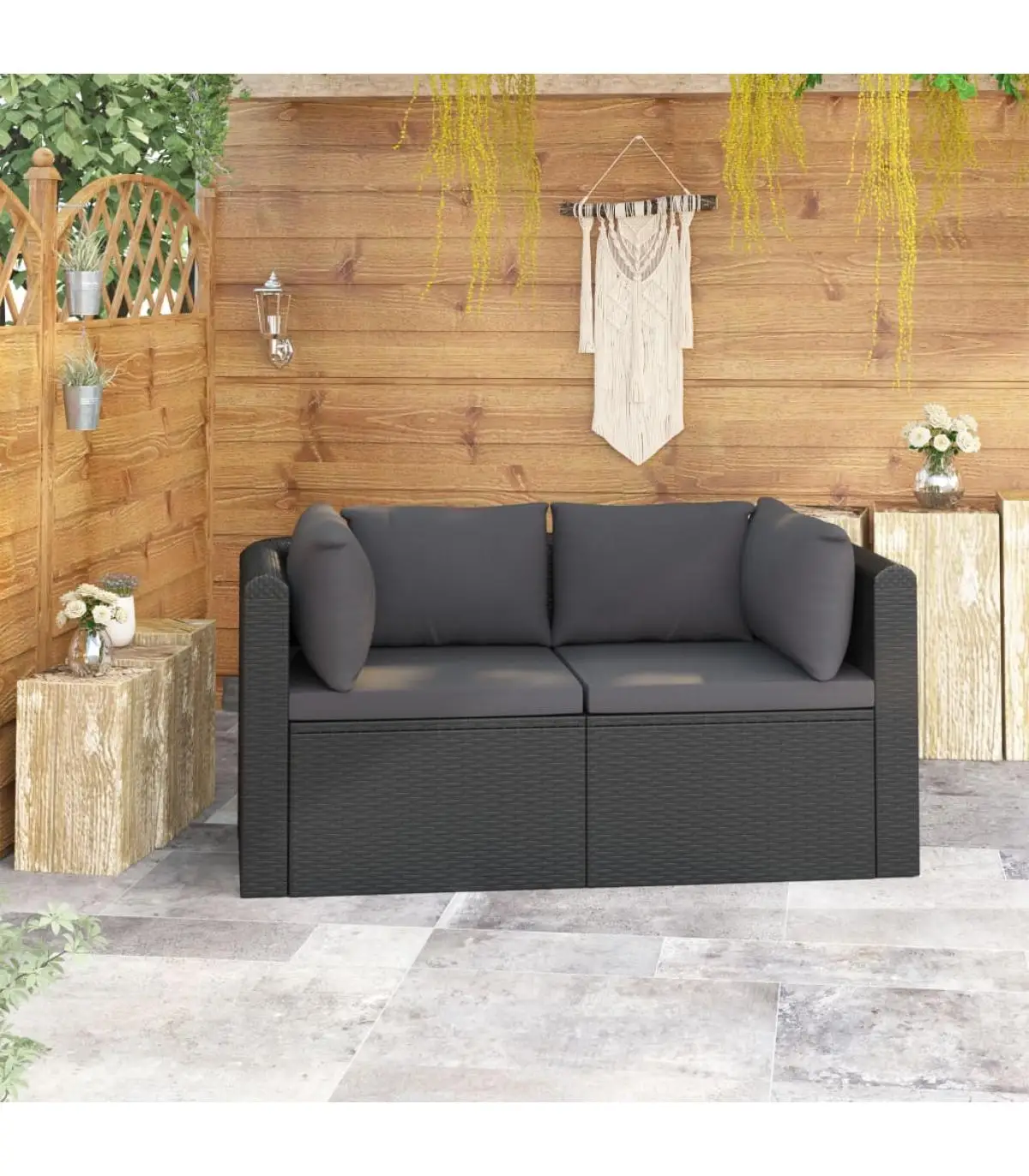 Modular outdoor sofas Set of garden sofas 2 pieces and black synthetic rattan cushions