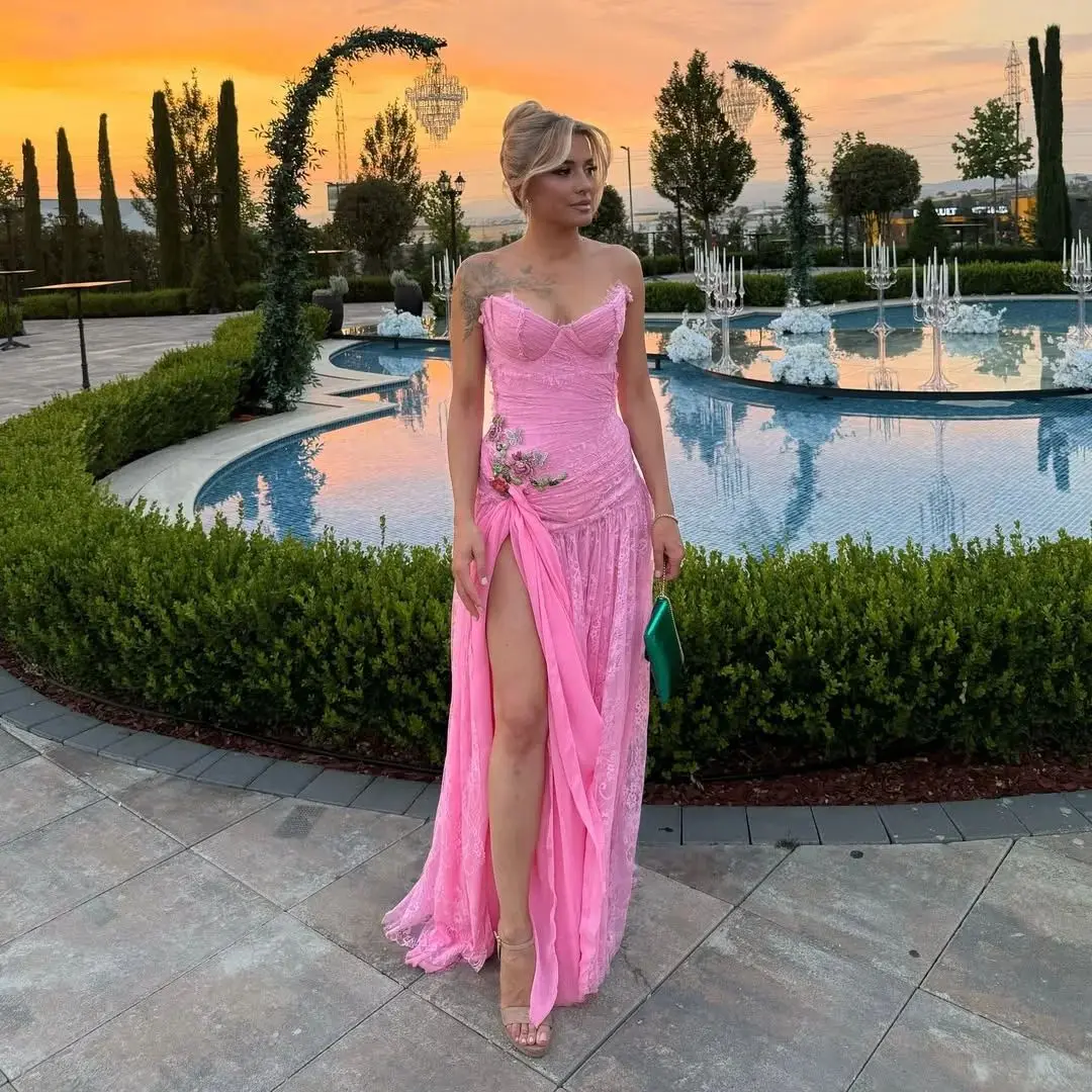 

Vintage Pink Evening Dresses Customized Lace Sweetheart Vestidos de Gala Elegant Flowers Appliques High Slit Women Prom Gowns