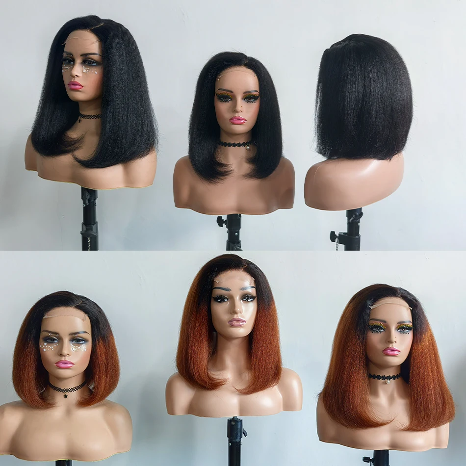Kinky Straight Human Hair Glueless Wig Wear Go 4C Ombre Brown Afro Yaki Straight Hair HD Lace Wig for Black Women 200% Density - view 6