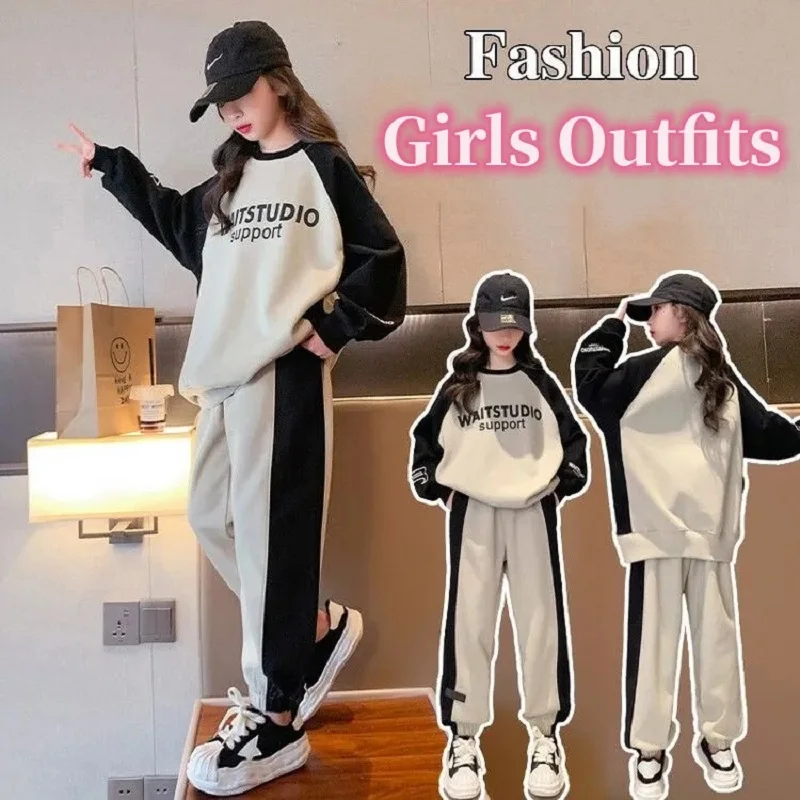 

Spring Autumn Girls Cotton Contrast Alphabet Sweatshirt+Sweatpant Workout Set School Kids Tracksuit Child Jogger Outfit 7-16 Yr