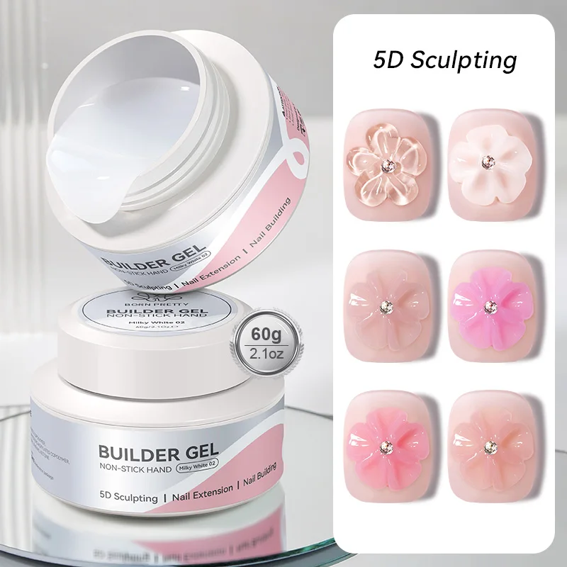 BORN PRETTY 60g No Stick Hand Extension Gel Nail Polish Clear Milky White 3D Molding Quick Buliding Flower Carving Acrylic