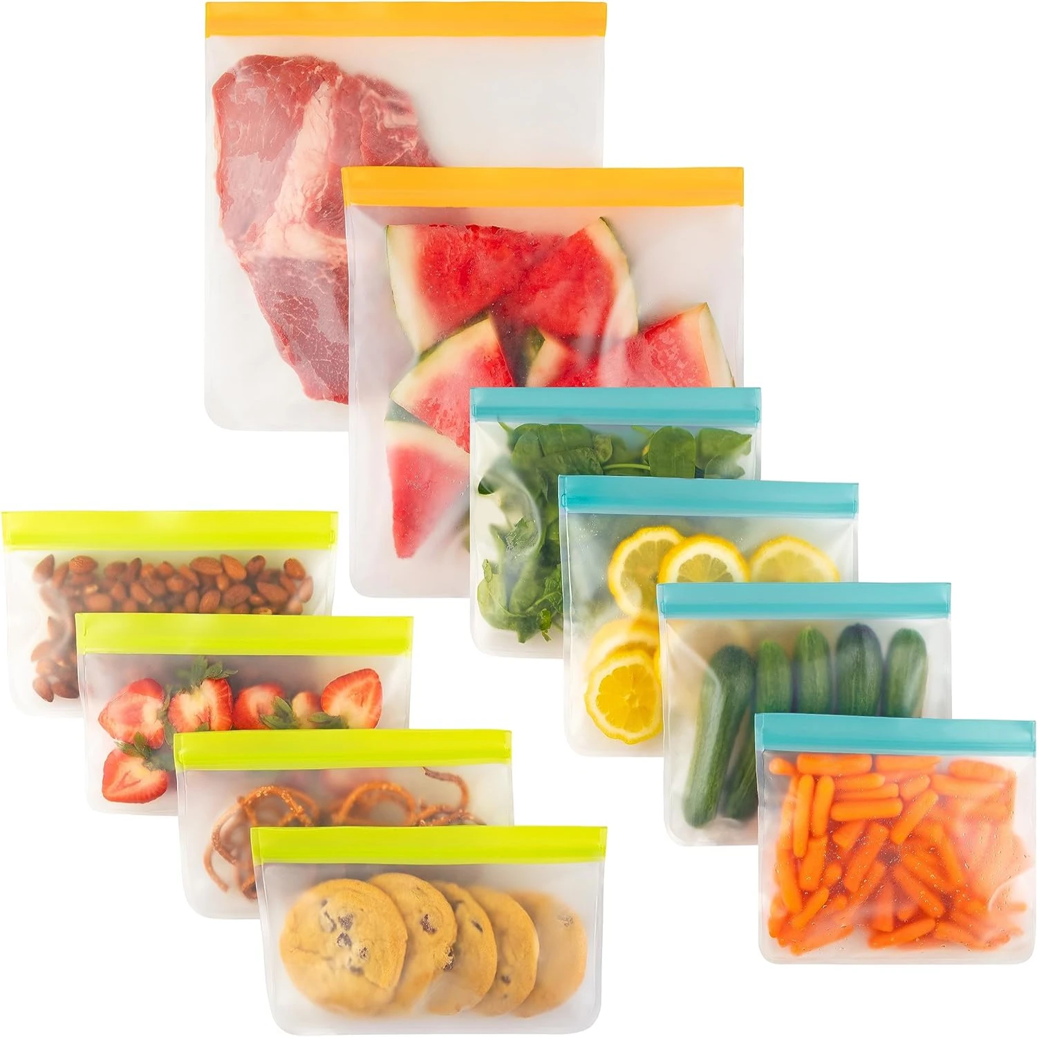 

Pack of 10 Freezer Bags - BPA-FREE - Reusable Food Grade Bags - Leakproof, - 2 Gallon Size, 4 Snack Size, 4 Sandwich Bags.