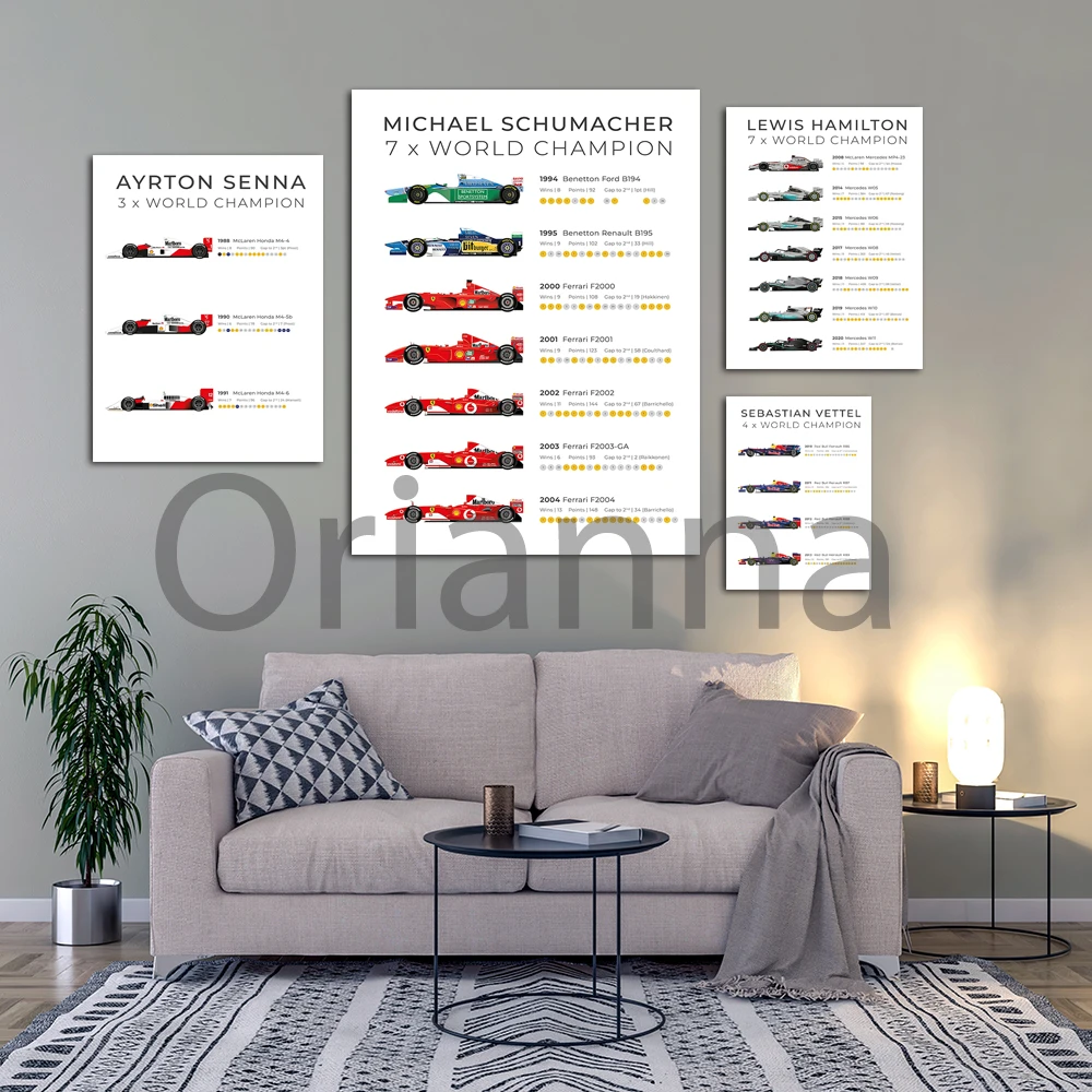 Lewis Hamilton Ayrton Senna F1 Car World Champion Statistical Infographic F1 Car Hd Print Poster Art Canvas Painting Home Decor